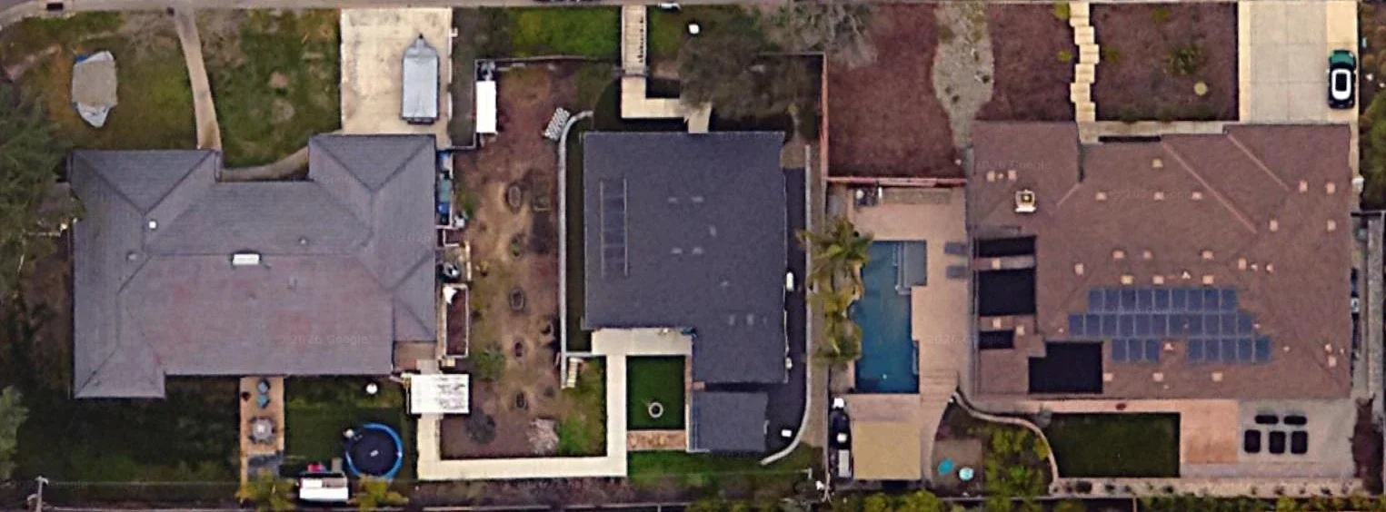 Satellite view: the main house, the finished ADU and a neighboring home side by side