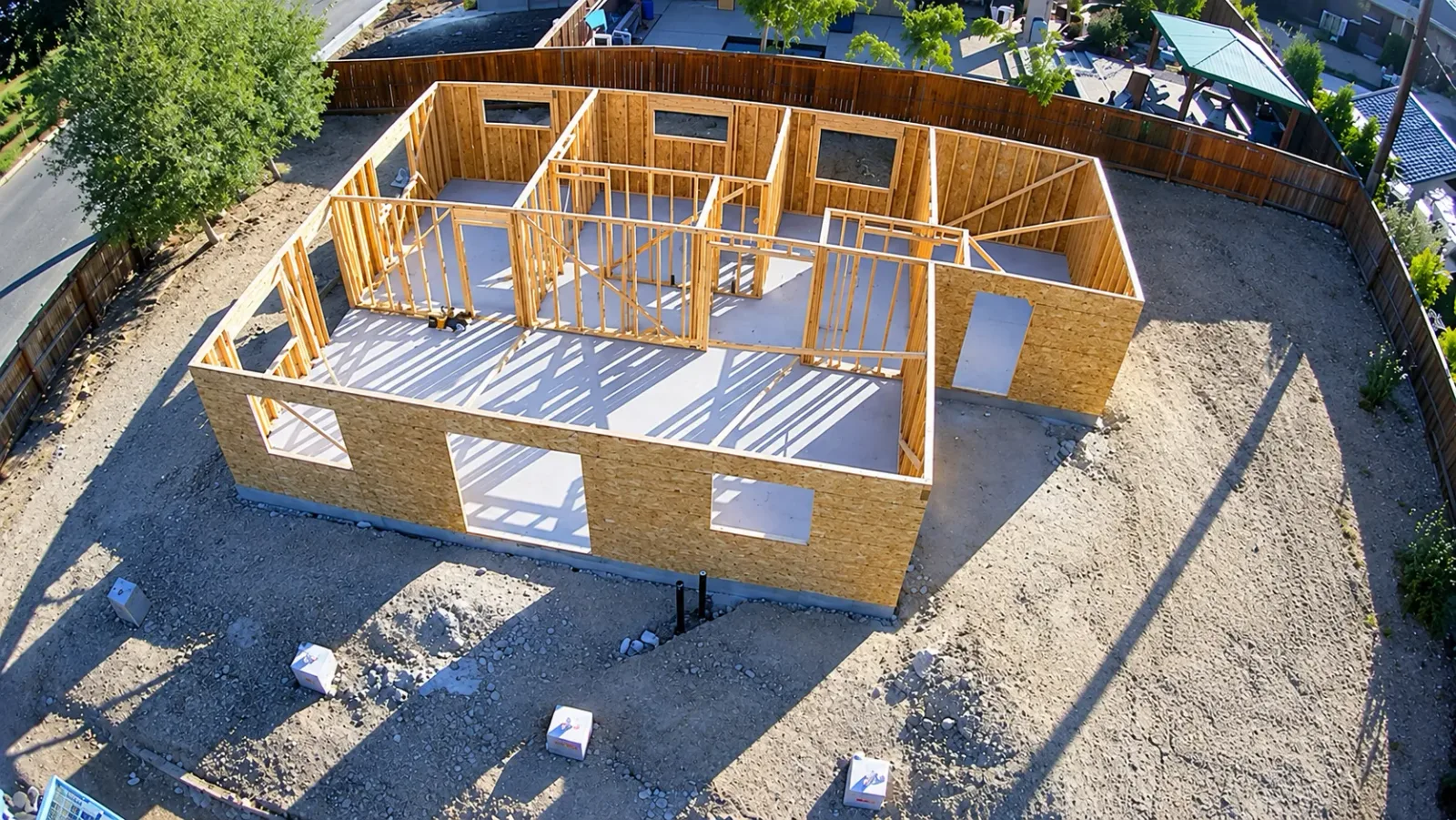 Our first ADU in Fair Oaks, framed on its new slab, seen from above